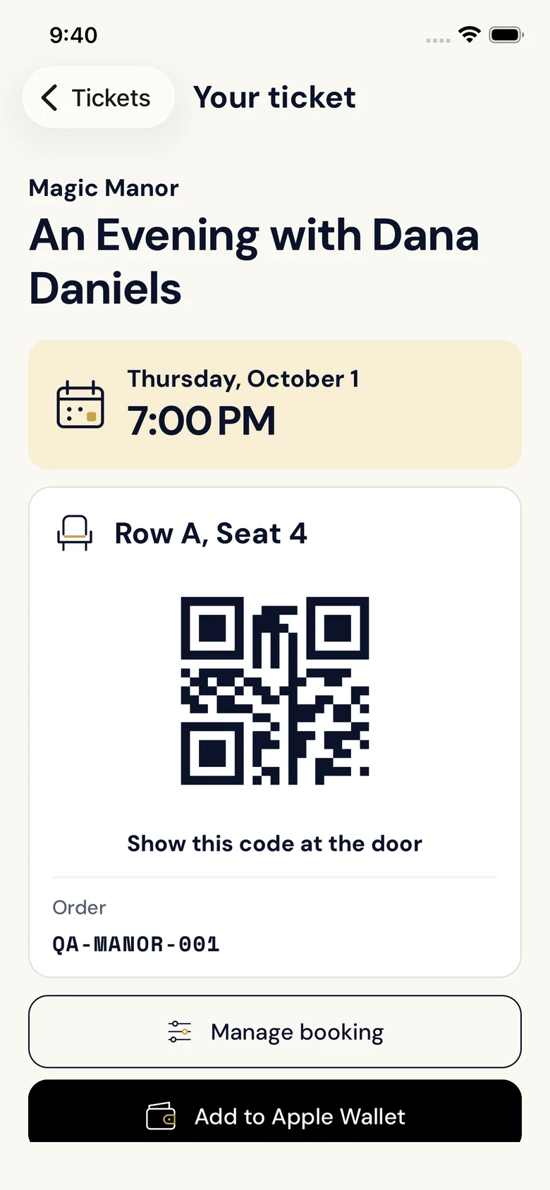 SGF Theater audience app showing a sample admission QR code, seat, and performance time.