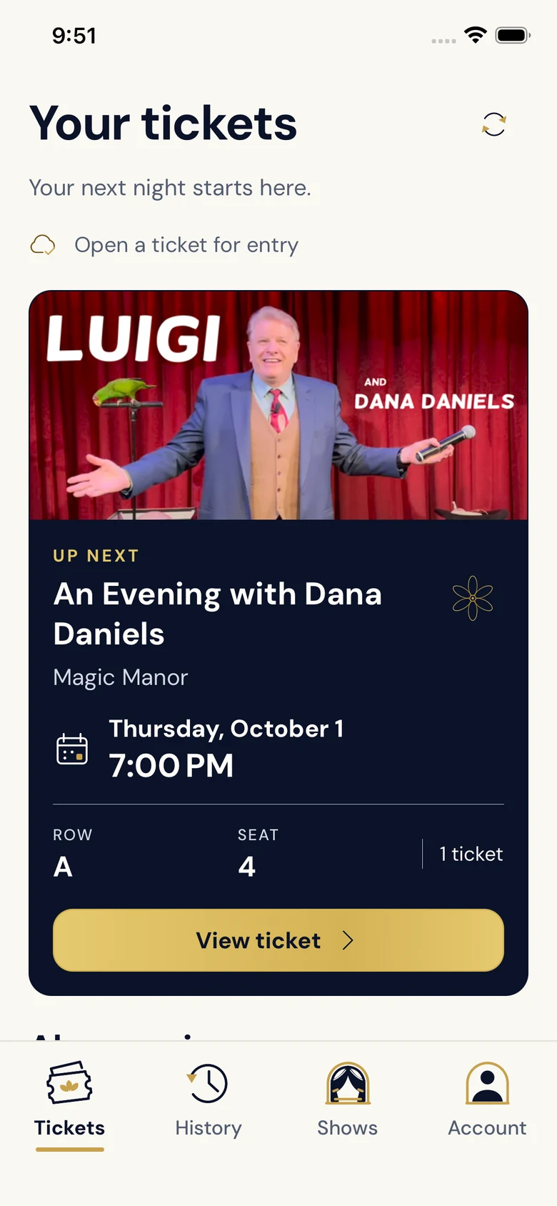 SGF Theater audience app showing an upcoming performance and a sample ticket.