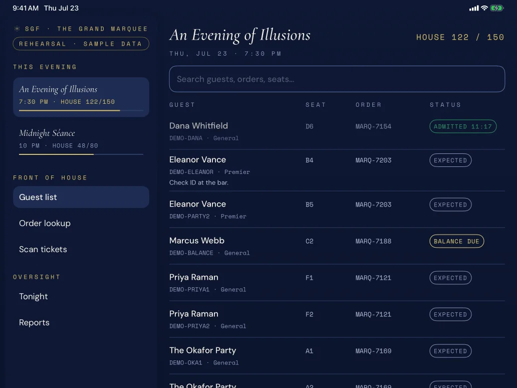 SGF iPad box office showing performances, a searchable guest list, seats, and admission statuses with sample data.