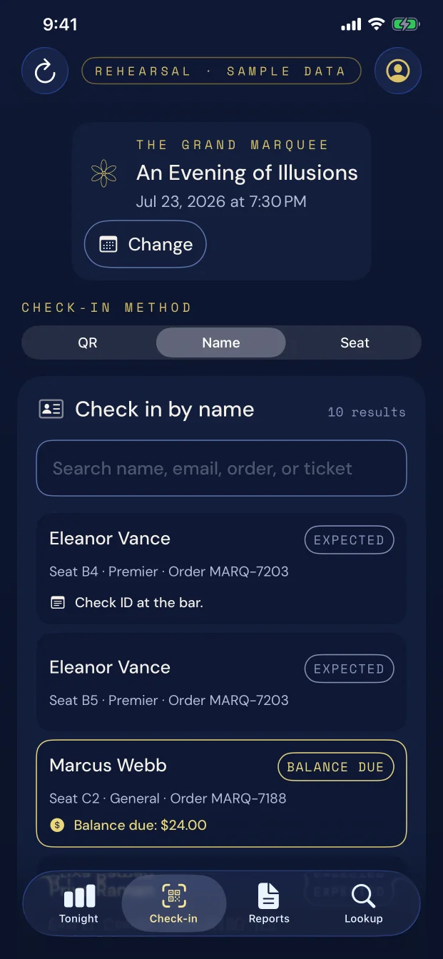 SGF iPhone app showing guest search and check-in by name with sample data.
